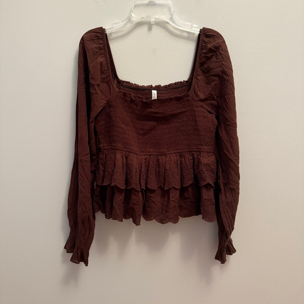 American Eagle Long Sleeve Smocked Tiered Top Brown Size Small - Picture 1 of 3